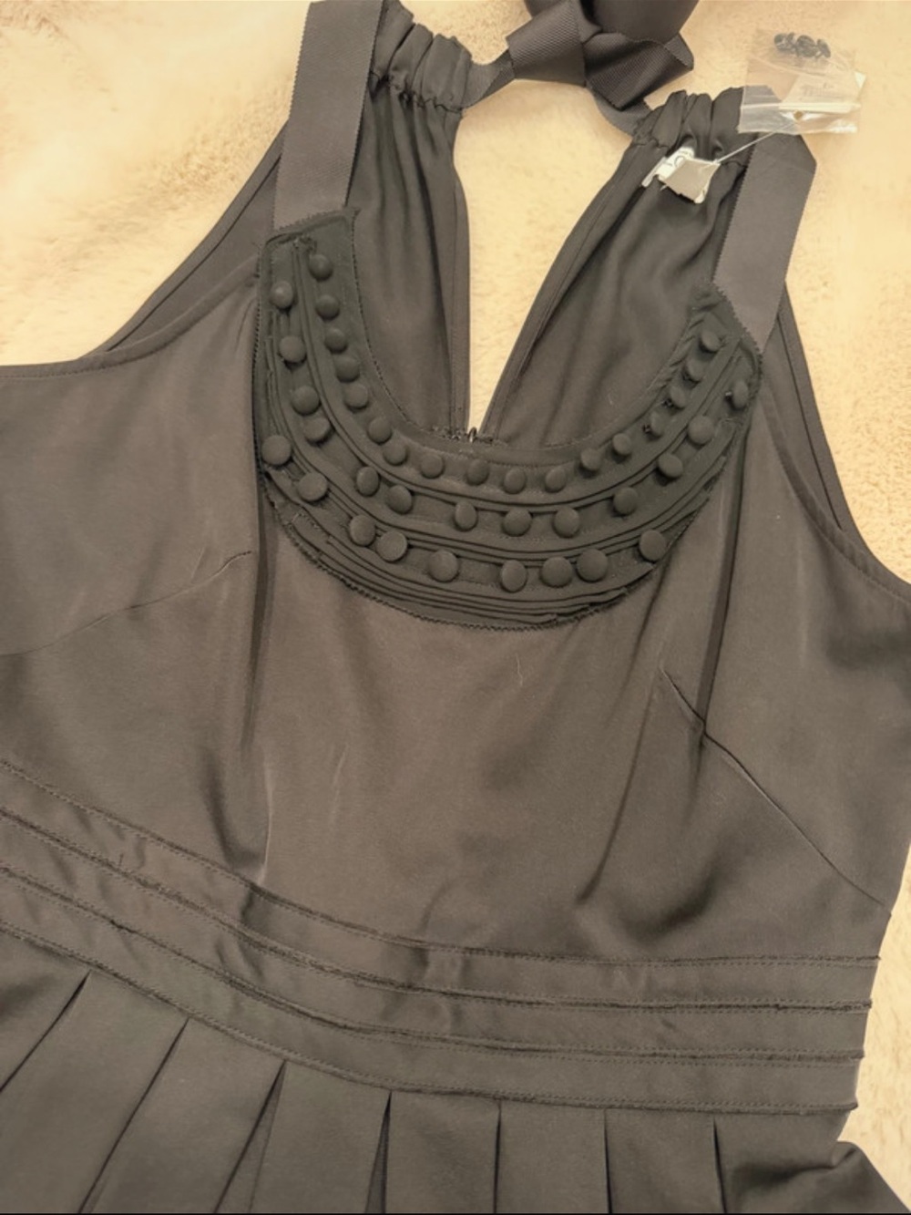 LOFT Black One-Shoulder Pleated Dress with Button-Detail Yoke